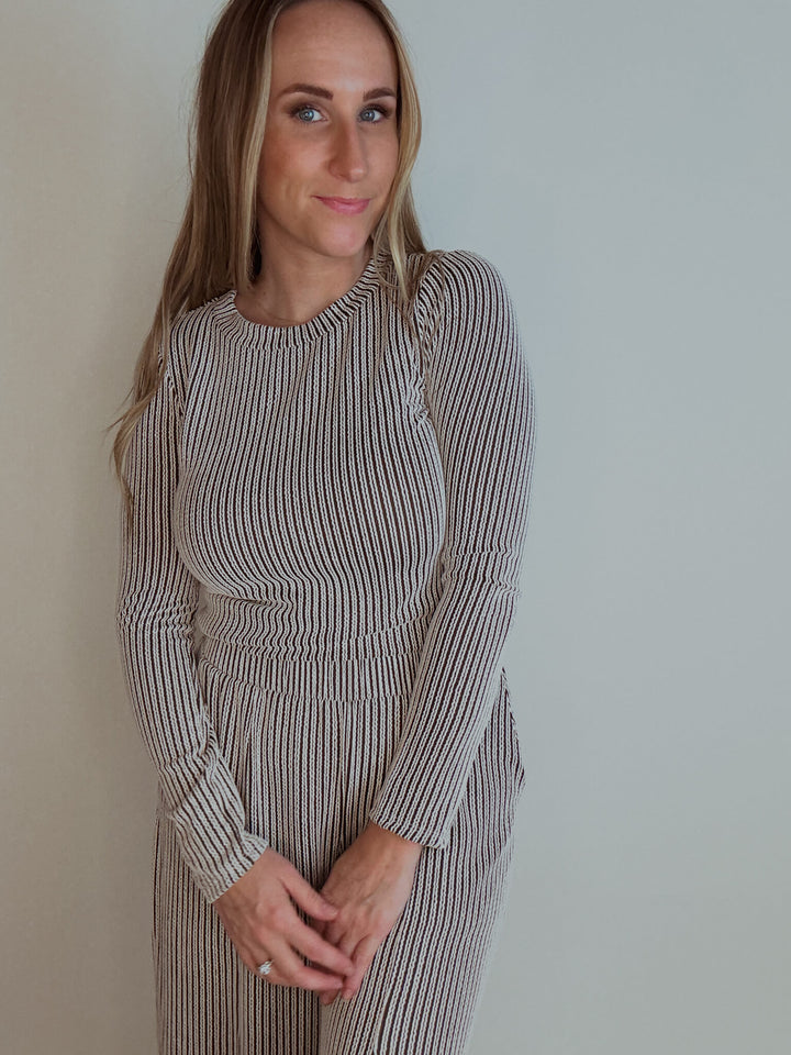Brown Stripe Long Sleeve Textured Top
