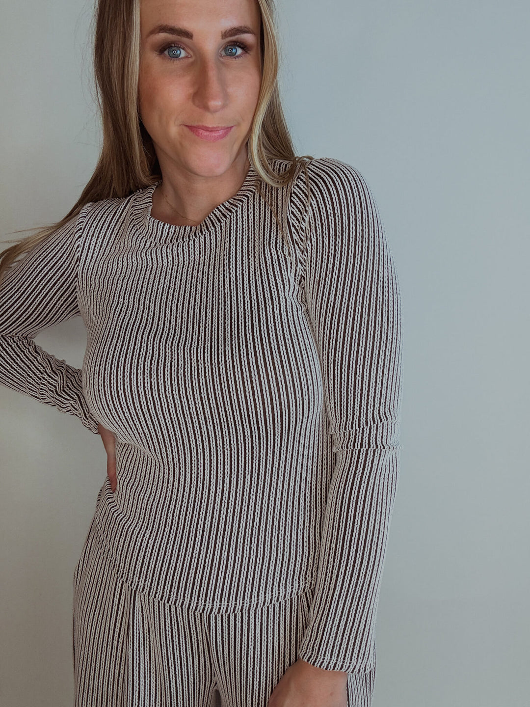 Brown Stripe Long Sleeve Textured Top