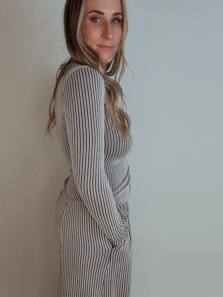Brown Stripe Long Sleeve Textured Top