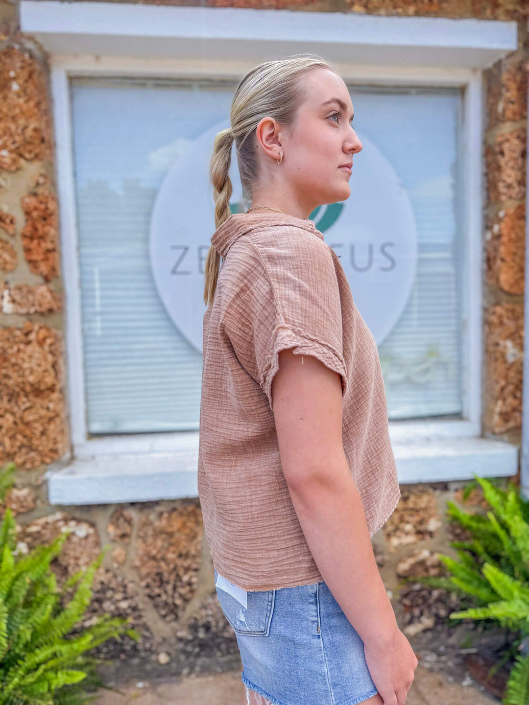 Taupe Short Sleeve Button-Up Top