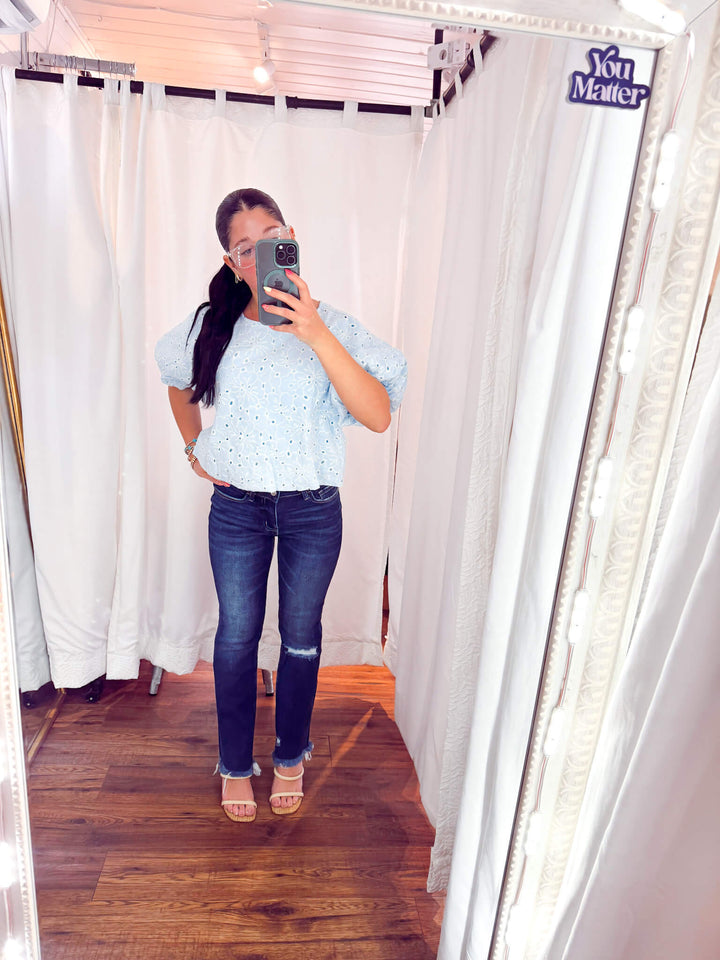 Embroidered Eyelet Bubble Sleeves Blouse