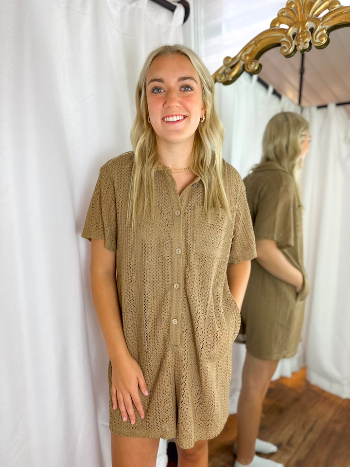 Button Down Pocketed Crochet Romper