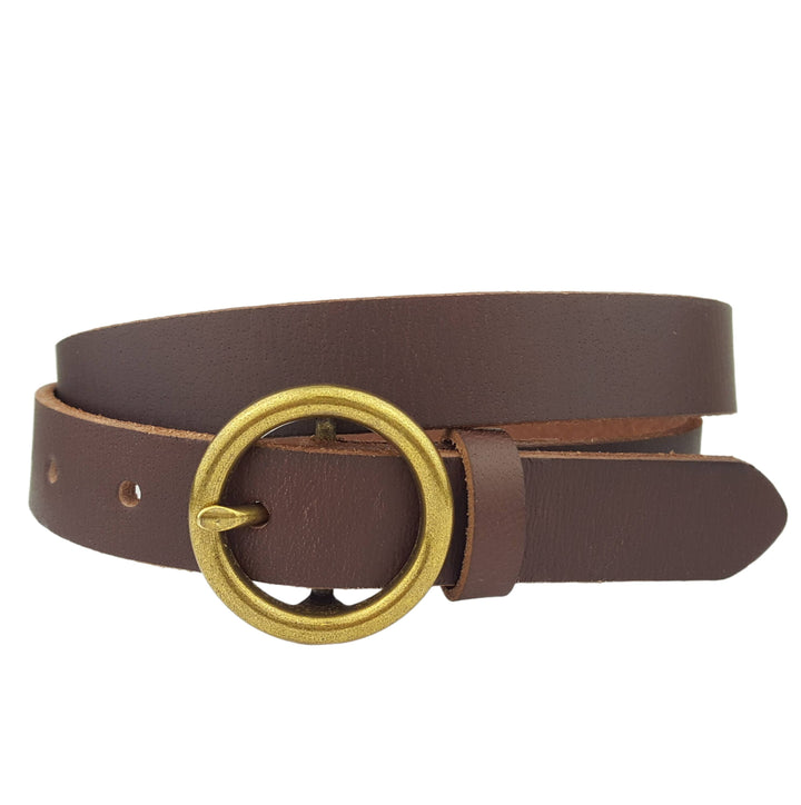 Genuine Leather Skinny Belt with Round Brass Buckle