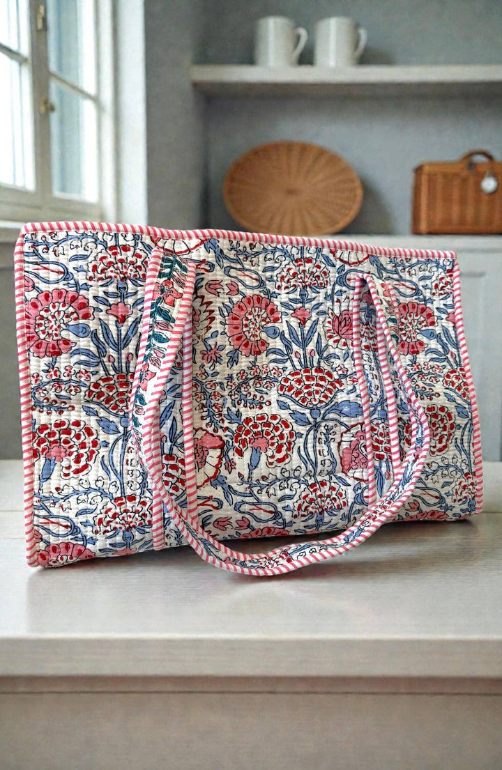 Millie Blue & Pink Floral Medium Quilted Tote Bag