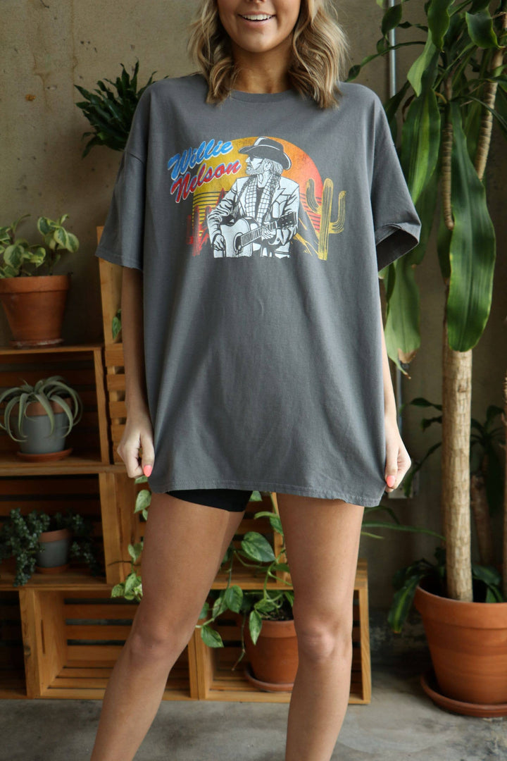 Willie Nelson Guitar Sunset Charcoal Thrifted Graphic Tee