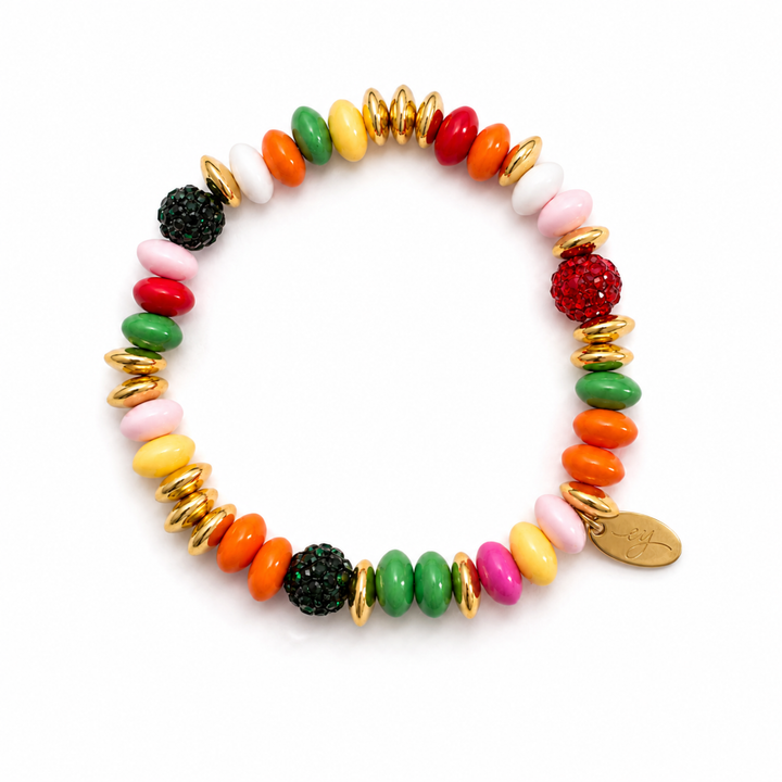 Festive Color Bead Stretch Bracelet, Gold Accent &amp; Crystal Pavé
