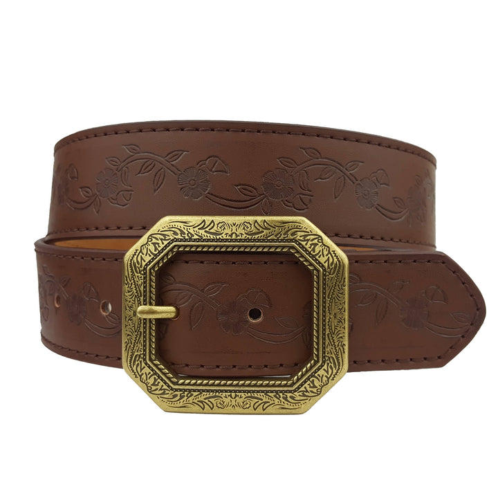 Embossed Floral Belt with Western Etched Buckle