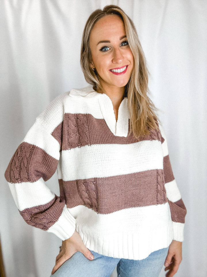 Collared Cable Knit Sweater in Mauve