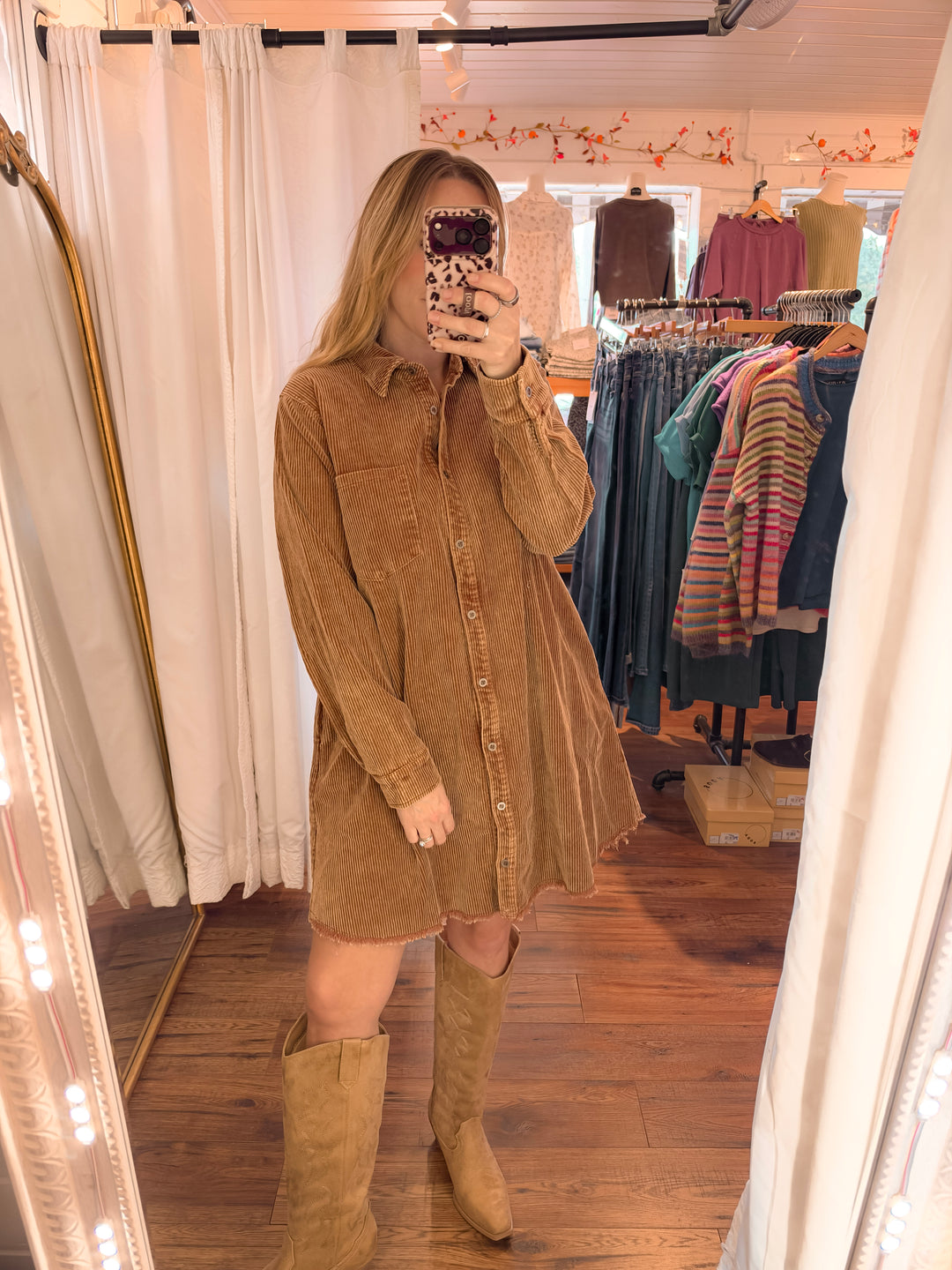 Rustic Cotton Corduroy Shirt Dress