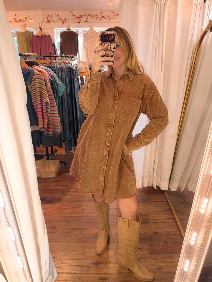 Rustic Cotton Corduroy Shirt Dress