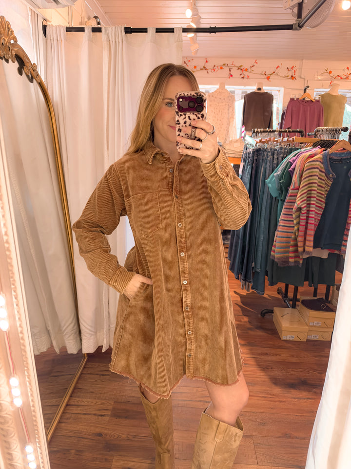 Rustic Cotton Corduroy Shirt Dress
