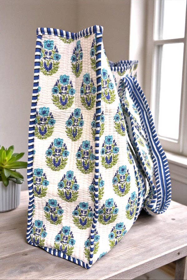 Blue &amp; White Floral Large Quilted Tote Bag