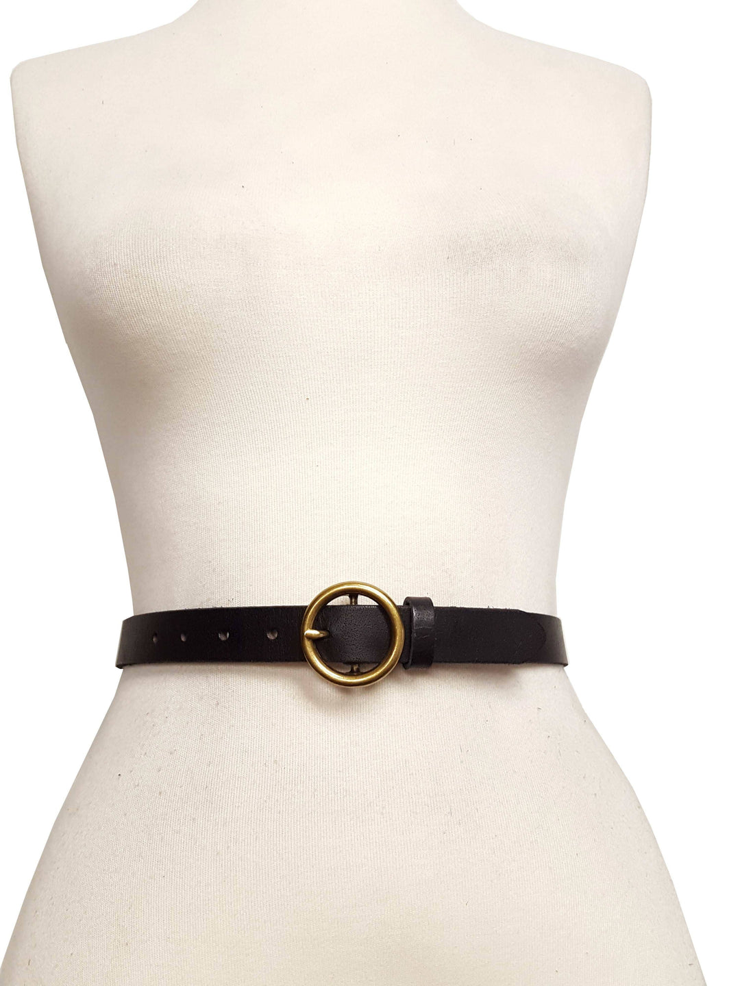 Genuine Leather Skinny Belt with Round Brass Buckle