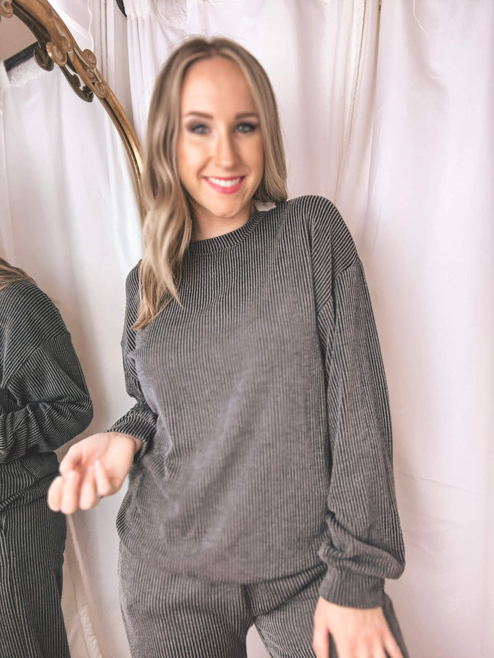 Charcoal Ribbed Long Sleeve Sweater Top