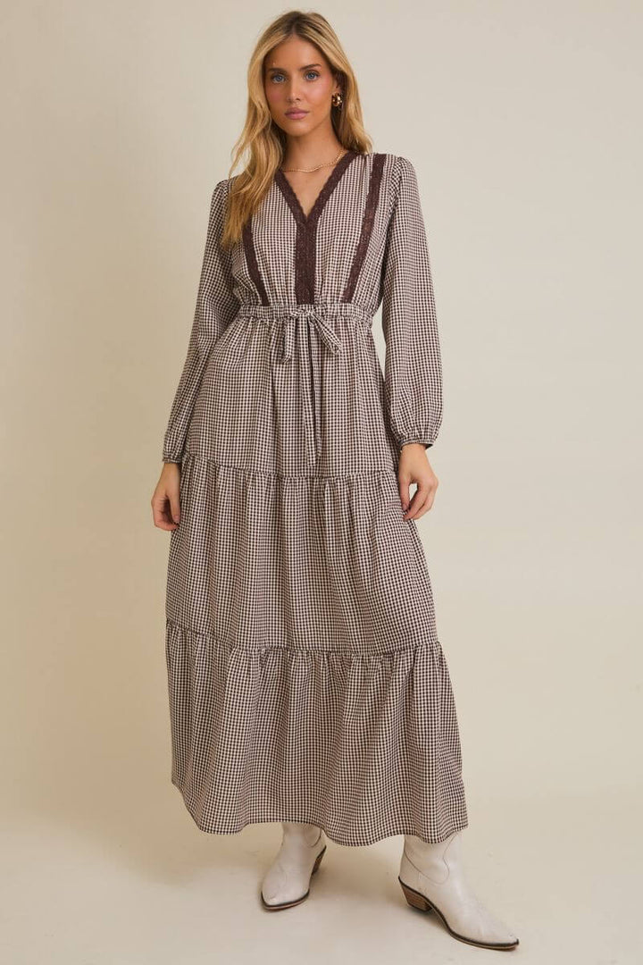 Lace Trim Check Long Sleeve Maxi Dress
