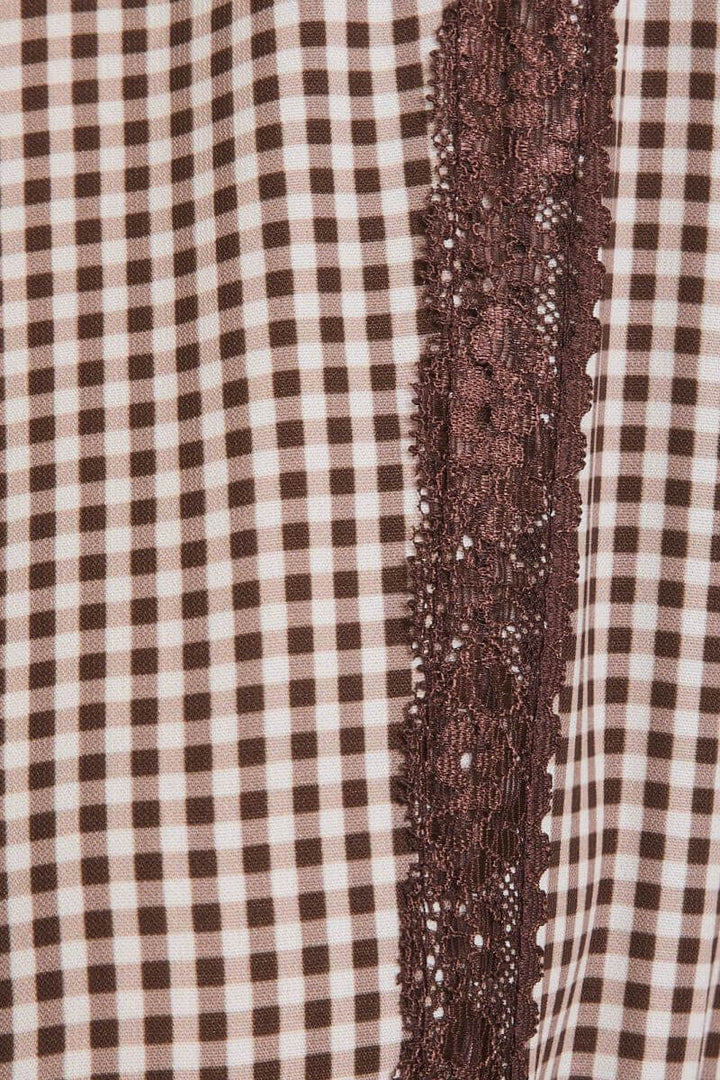 Lace Trim Check Long Sleeve Maxi Dress