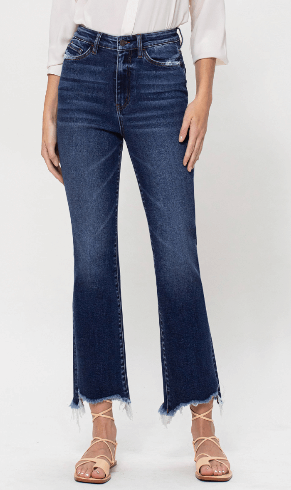 Bella High Rise Frayed Hem Ankle Flare Jeans