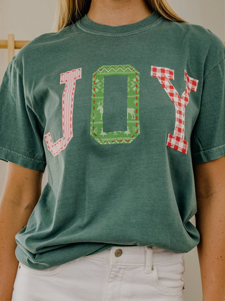 Christmas Holiday JOY Quilted Puff Ink Green Comfort Colors Tee