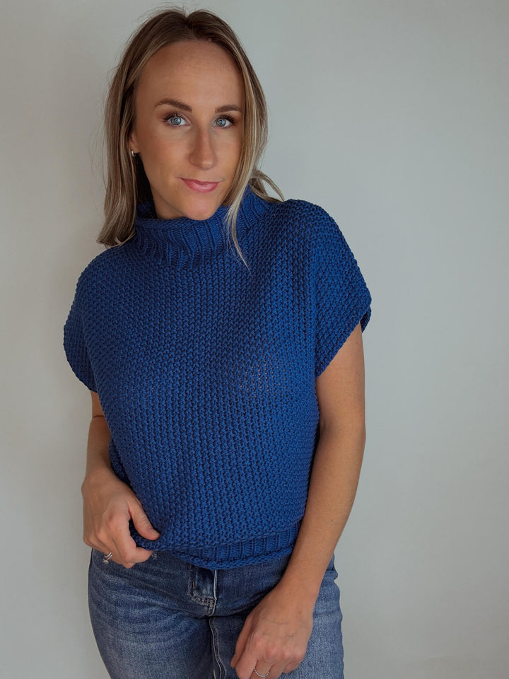 Raven Sleeveless Mock Neck Knit Sweater - Blue
