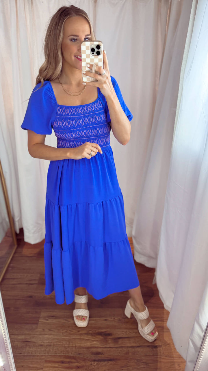 Emma Embroidered Midi Dress in Cobalt Blue