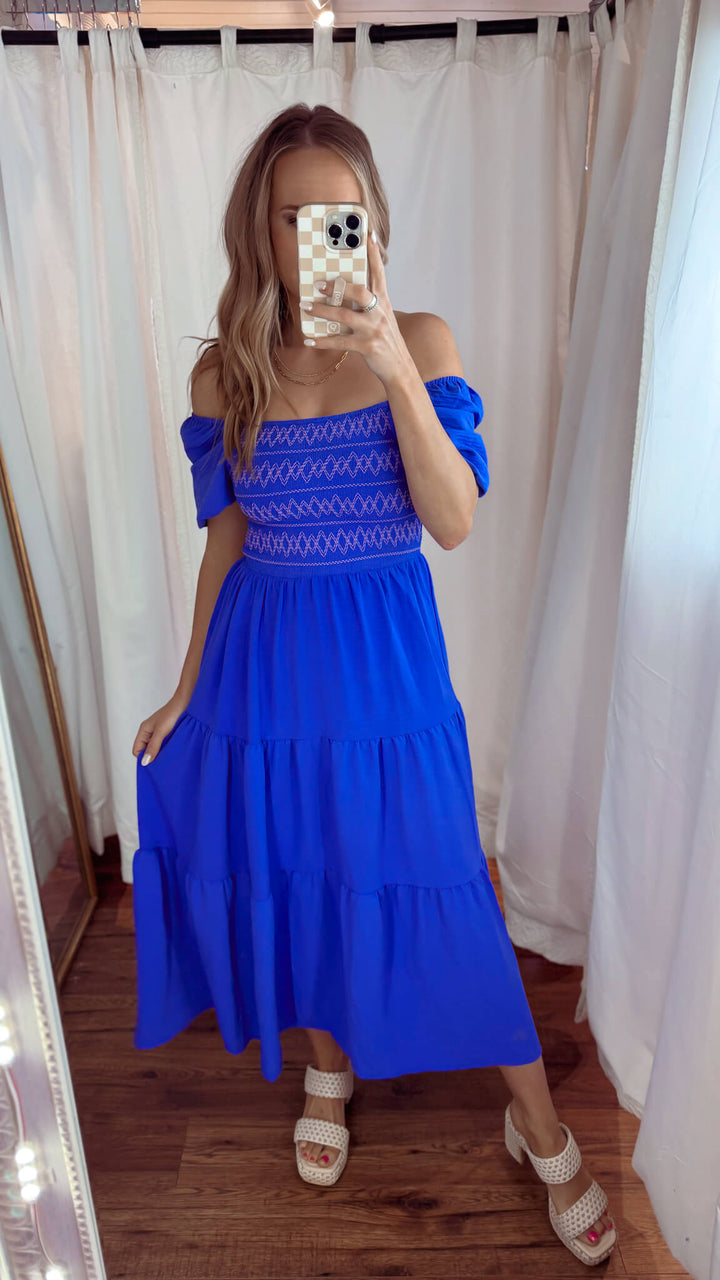 Emma Embroidered Midi Dress in Cobalt Blue