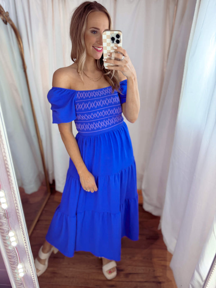 Emma Embroidered Midi Dress in Cobalt Blue