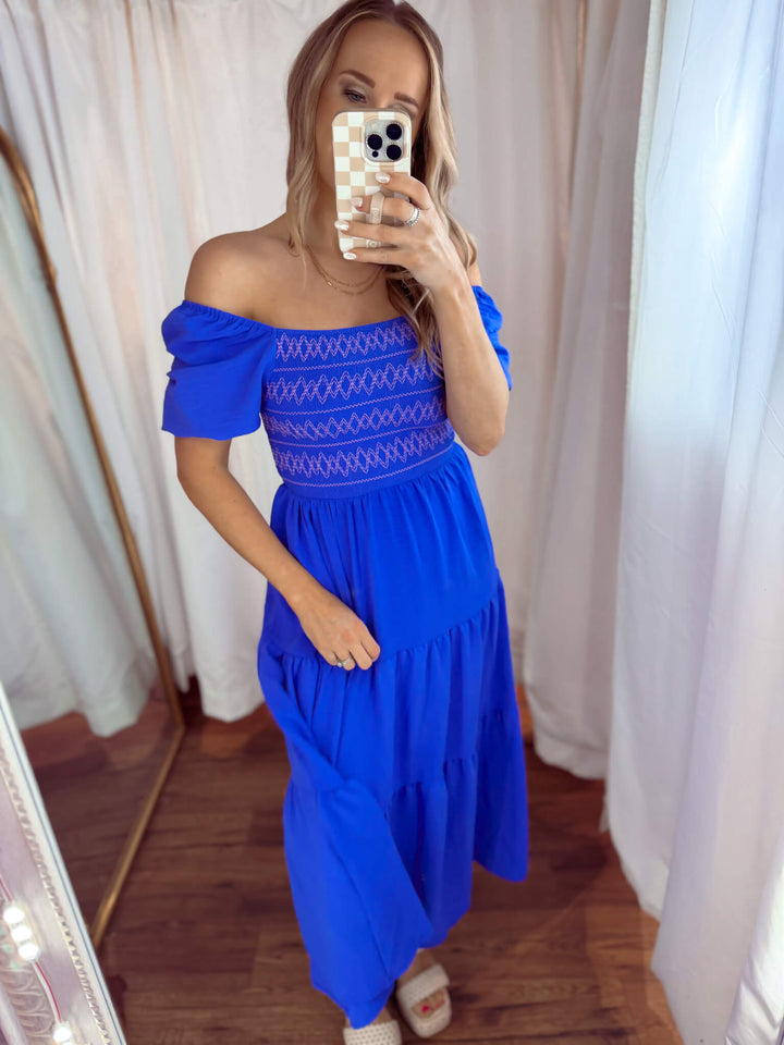 Emma Embroidered Midi Dress in Cobalt Blue