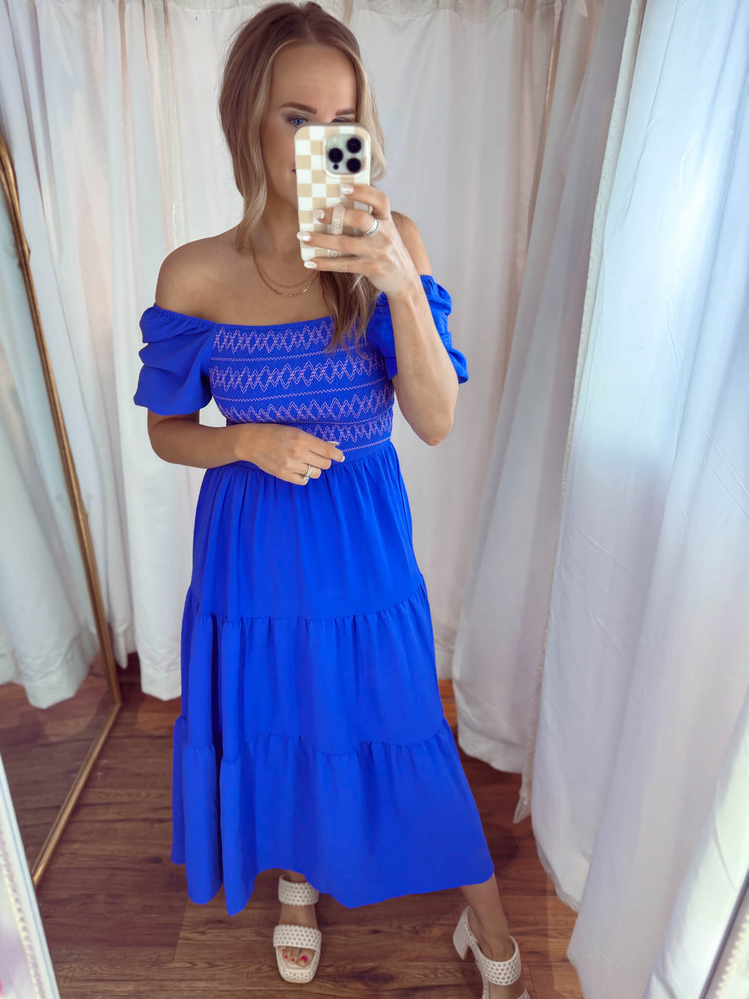 Emma Embroidered Midi Dress in Cobalt Blue