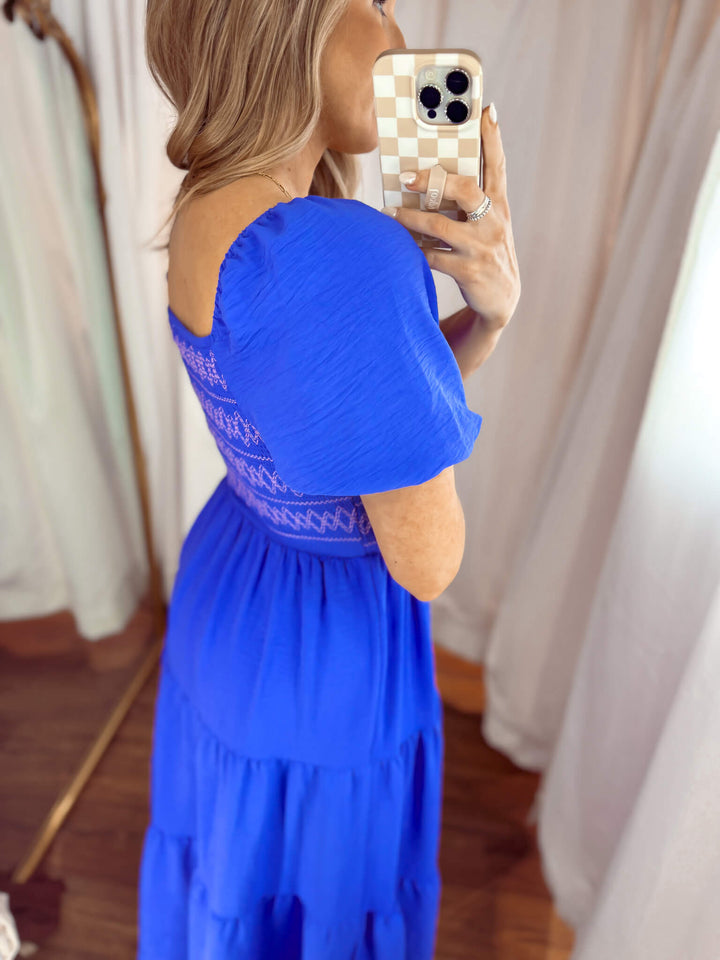 Emma Embroidered Midi Dress in Cobalt Blue