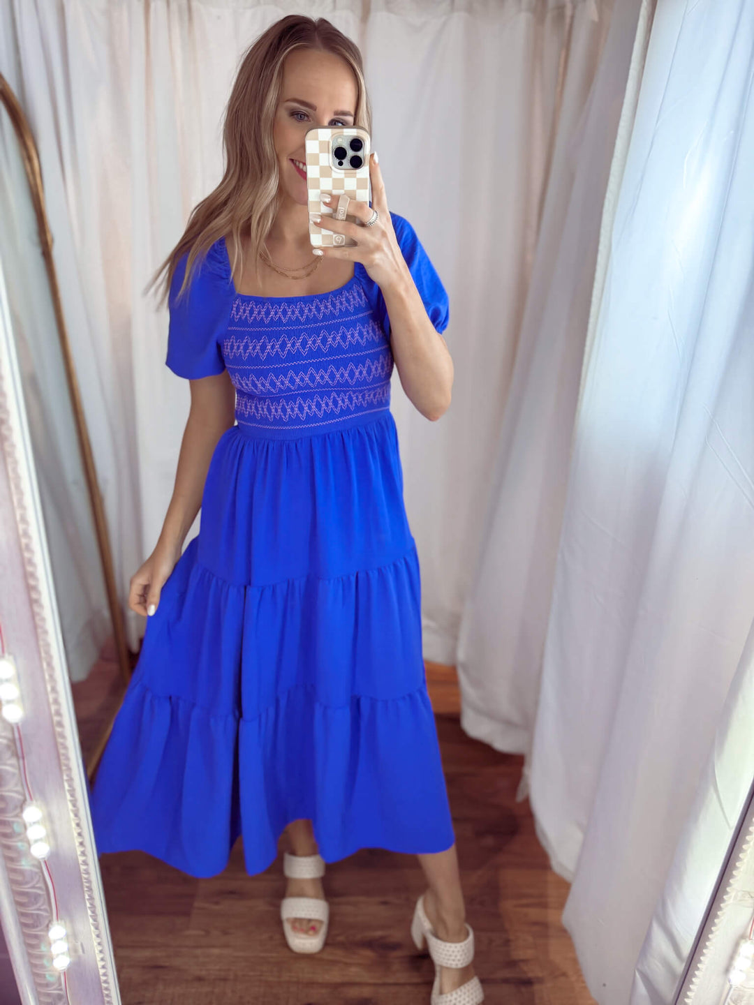 Emma Embroidered Midi Dress in Cobalt Blue