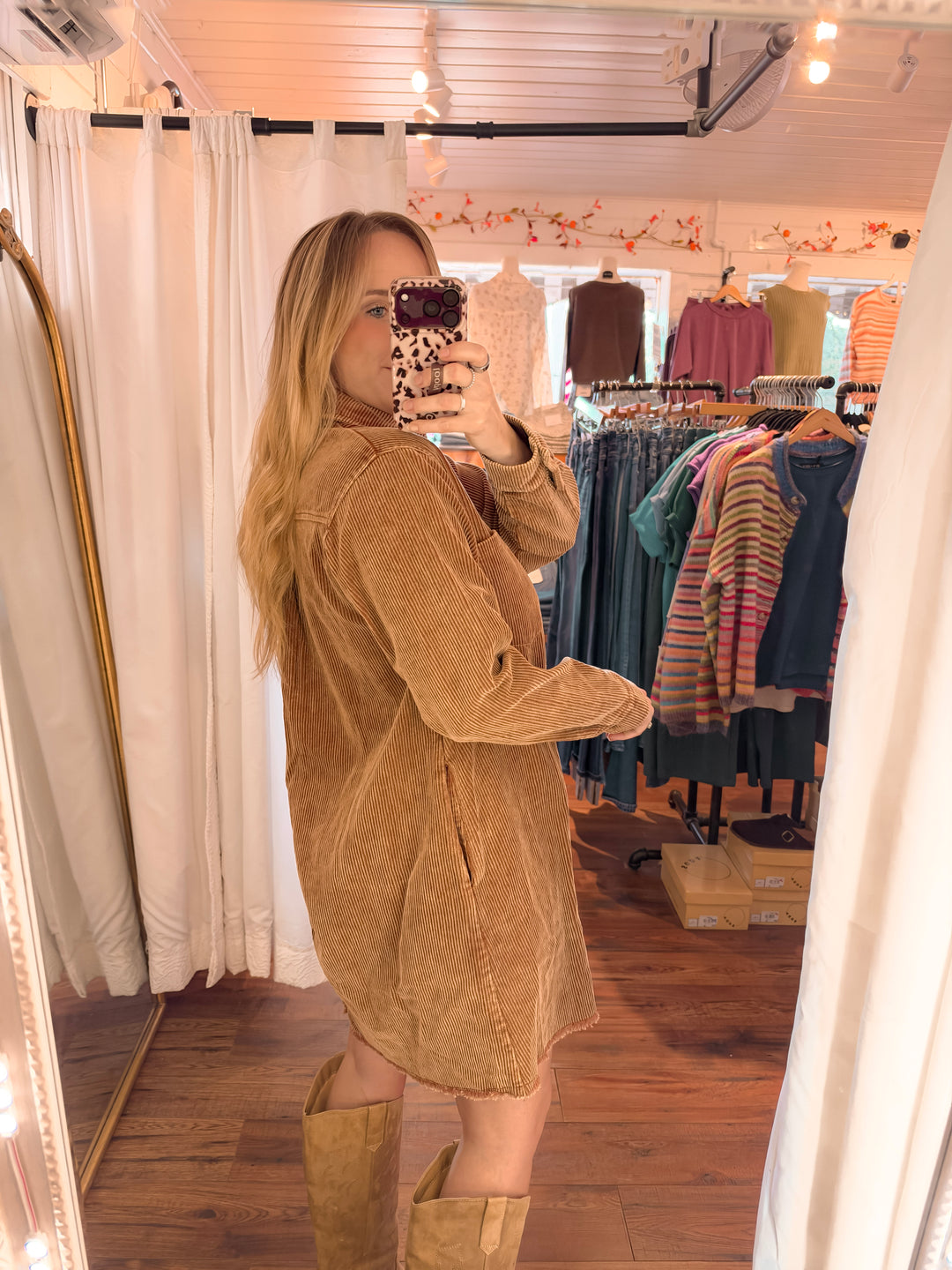 Rustic Cotton Corduroy Shirt Dress
