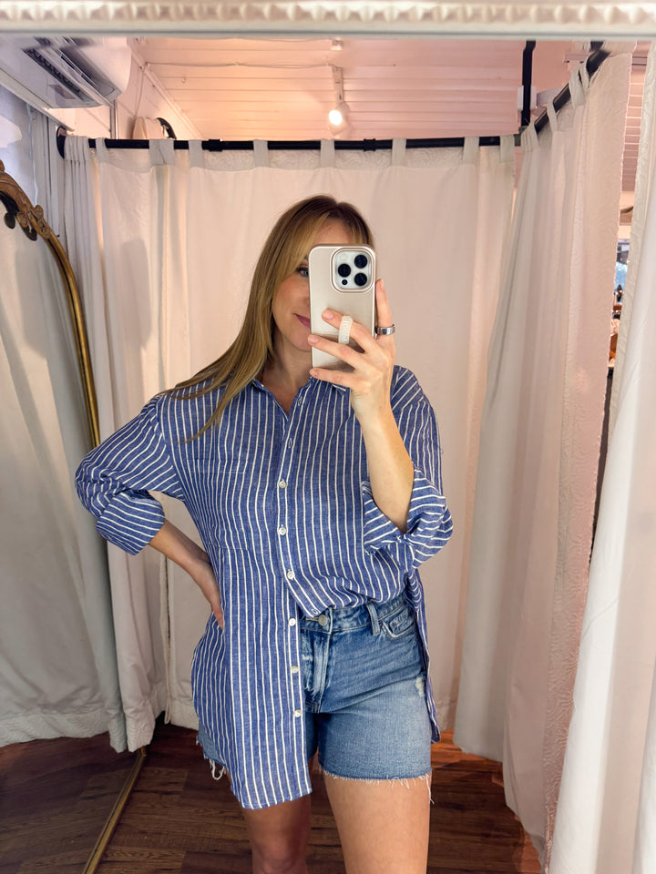 Marina Blue Linen Cotton Button-up Shirt