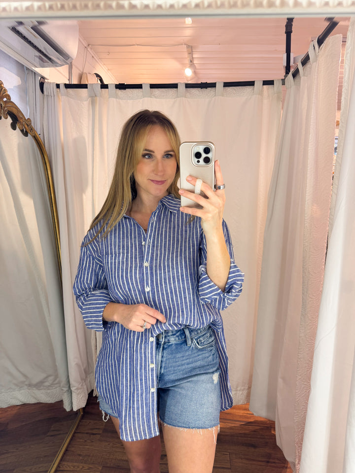 Marina Blue Linen Cotton Button-up Shirt