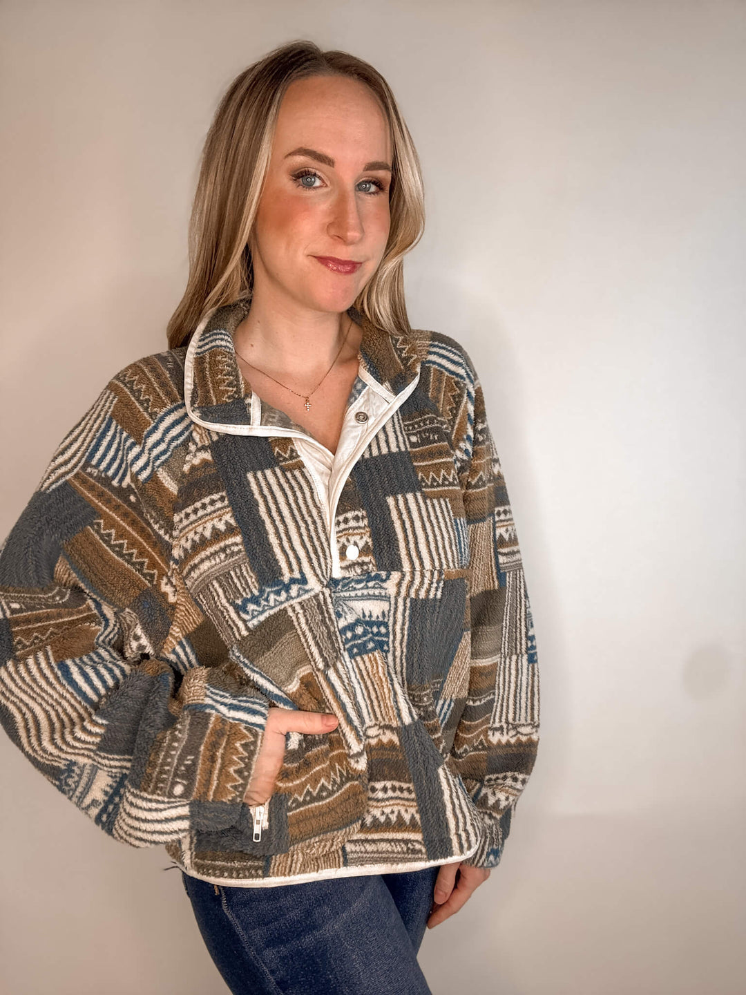 Patchwork Print Button Sweatshirt