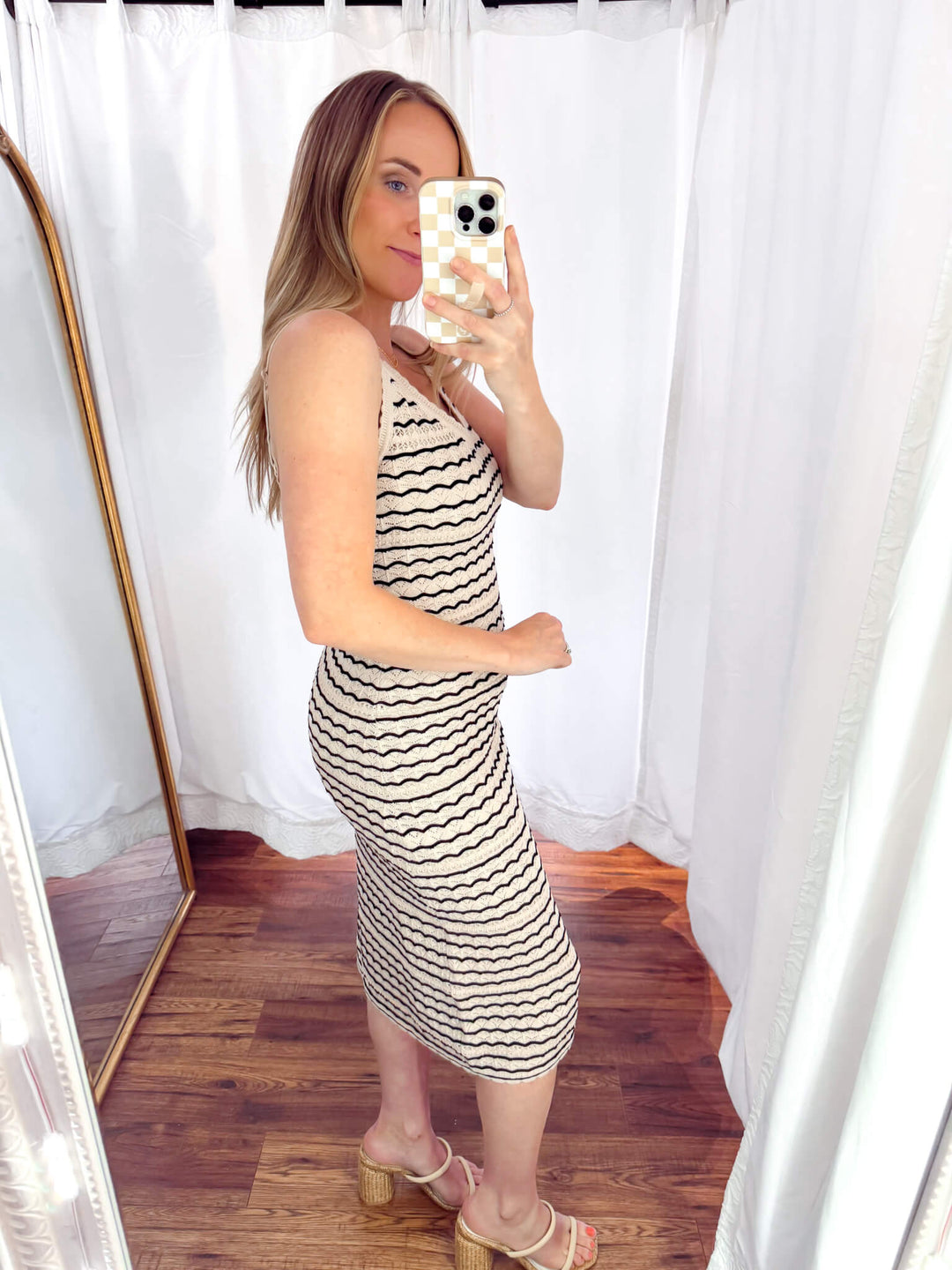 Resort Striped Crochet Knit Midi Dress - LARGE L Resort Striped Crochet Knit Midi Dress - LARGE L