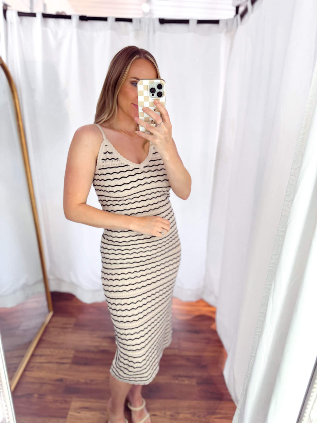 Resort Striped Crochet Knit Midi Dress