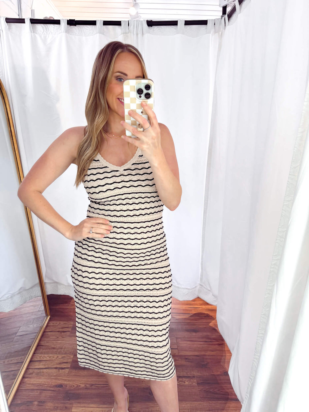 Resort Striped Crochet Knit Midi Dress