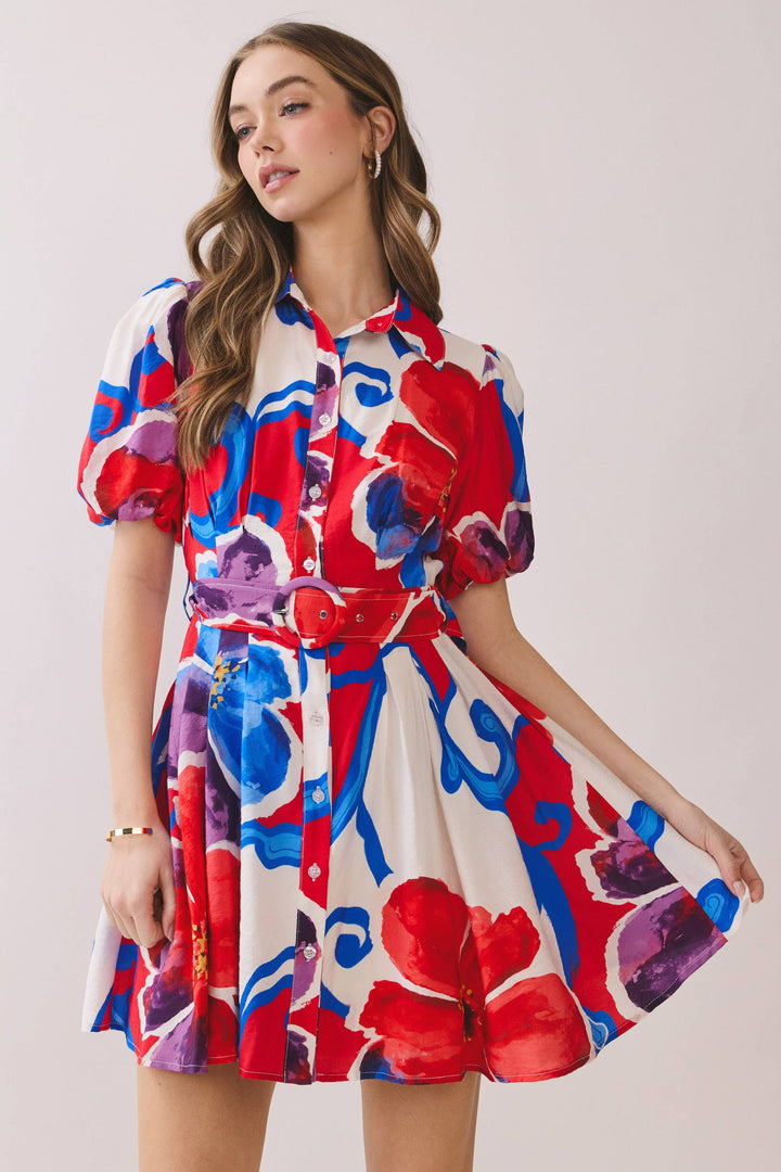 TCEC | Bold Floral Print Belted Mini Shirt Dress