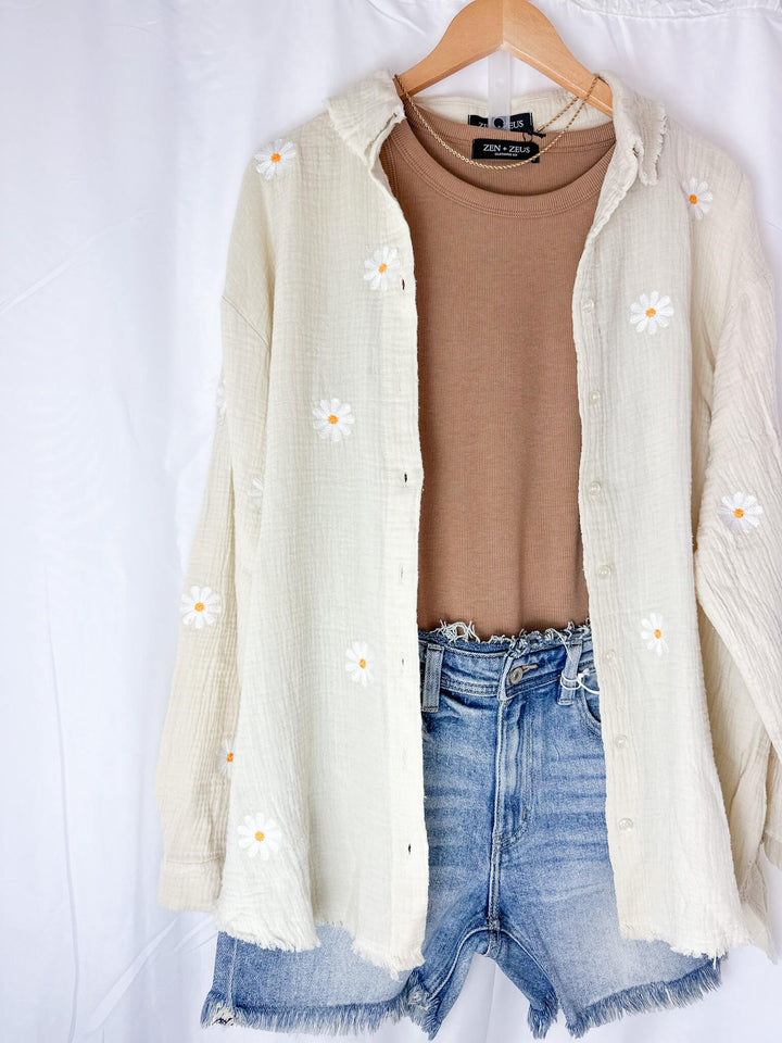 Gauze Daisy Embroidered Button Up Top