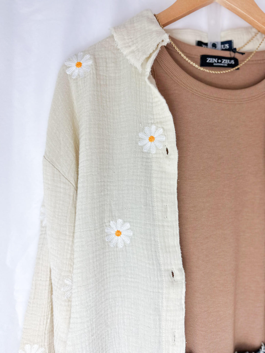 Gauze Daisy Embroidered Button Up Top