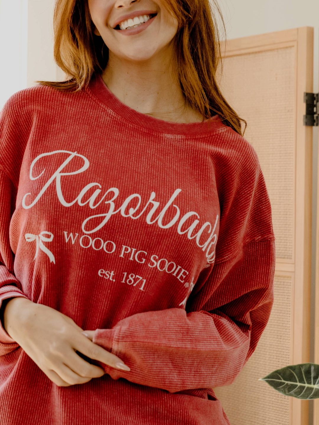 Razorbacks Established Bows Red Corded Crew Sweatshirt