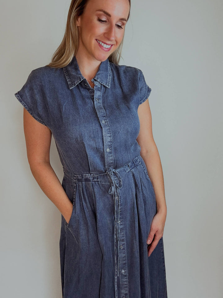 Button Down Chambray Midi Dress with Pockets