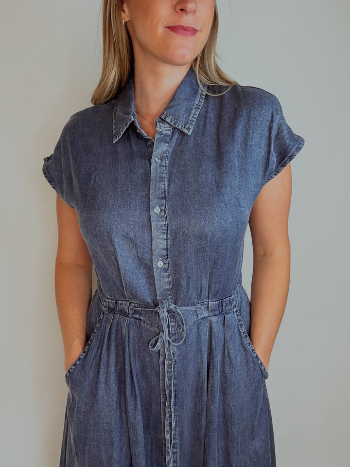 Button Down Chambray Midi Dress with Pockets