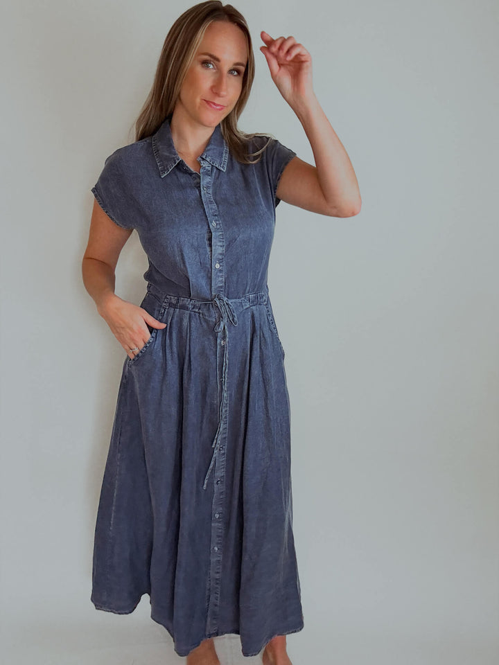 Button Down Chambray Midi Dress with Pockets