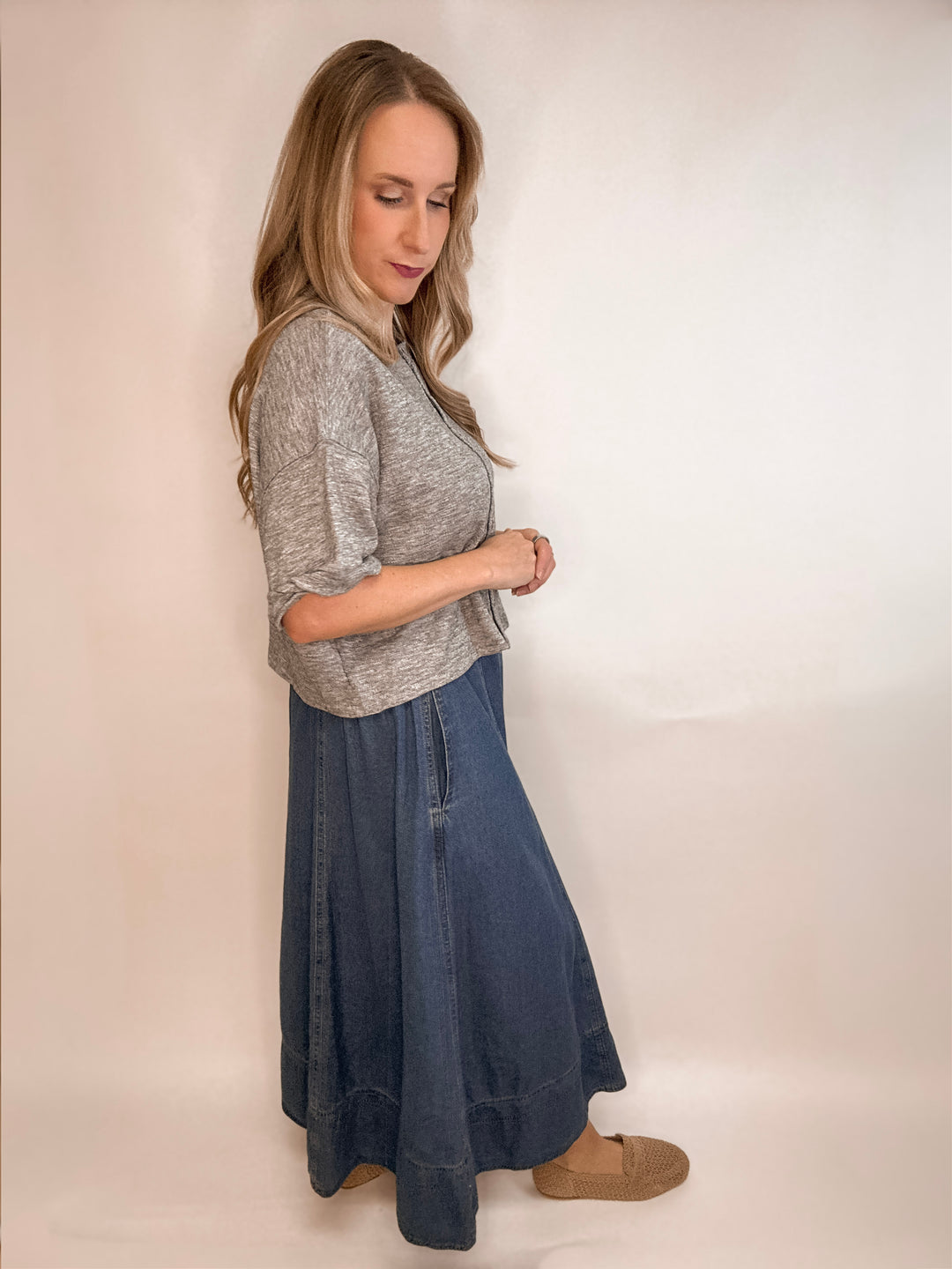 Denim Paneled Midi Skirt