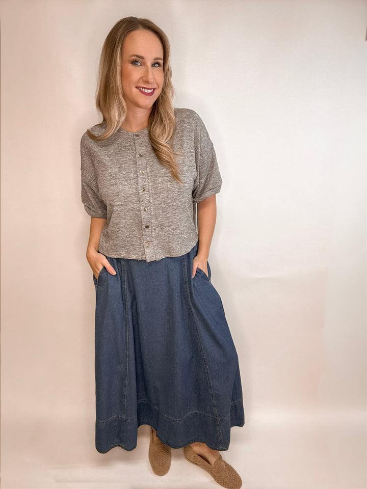 Denim Paneled Midi Skirt