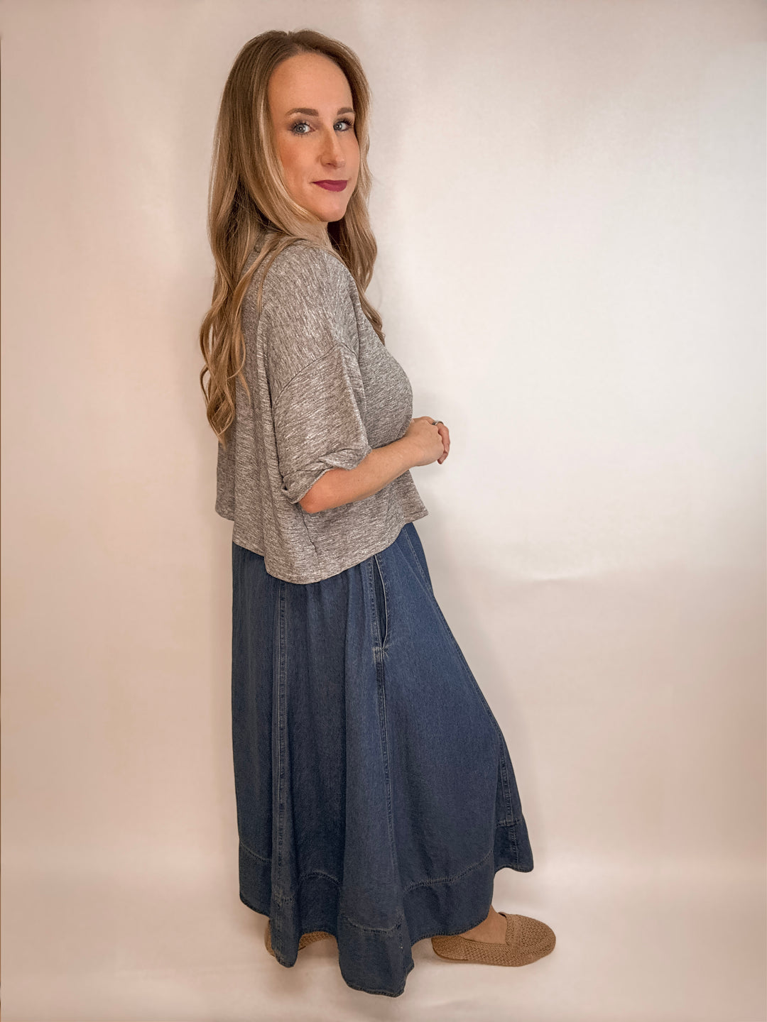 Denim Paneled Midi Skirt