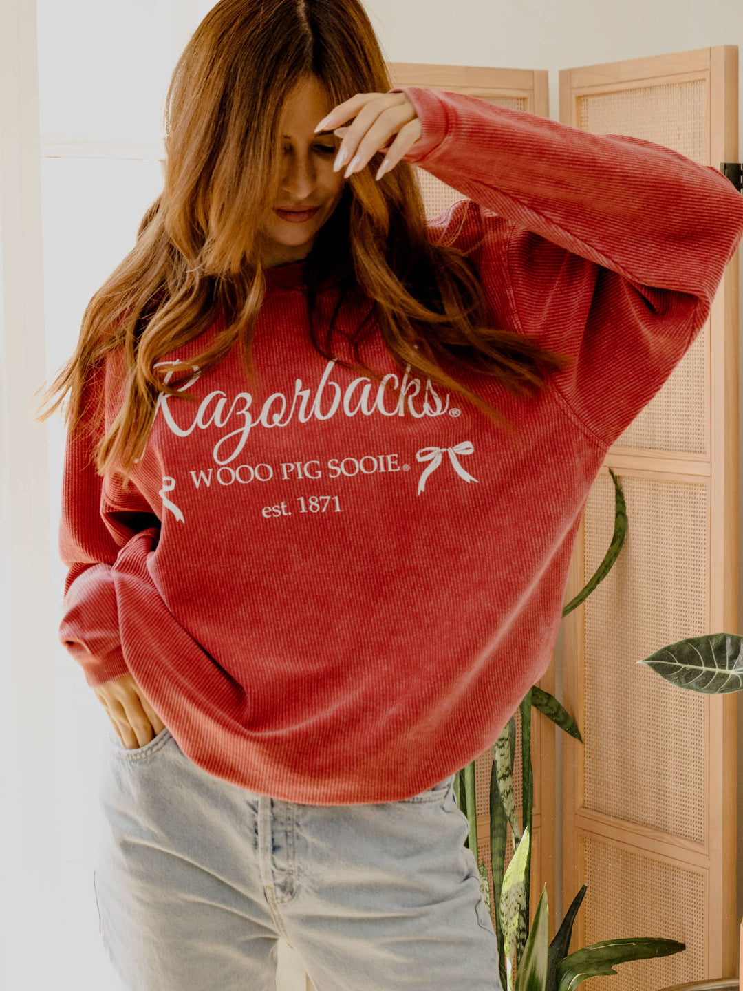 Razorbacks Established Bows Red Corded Crew Sweatshirt