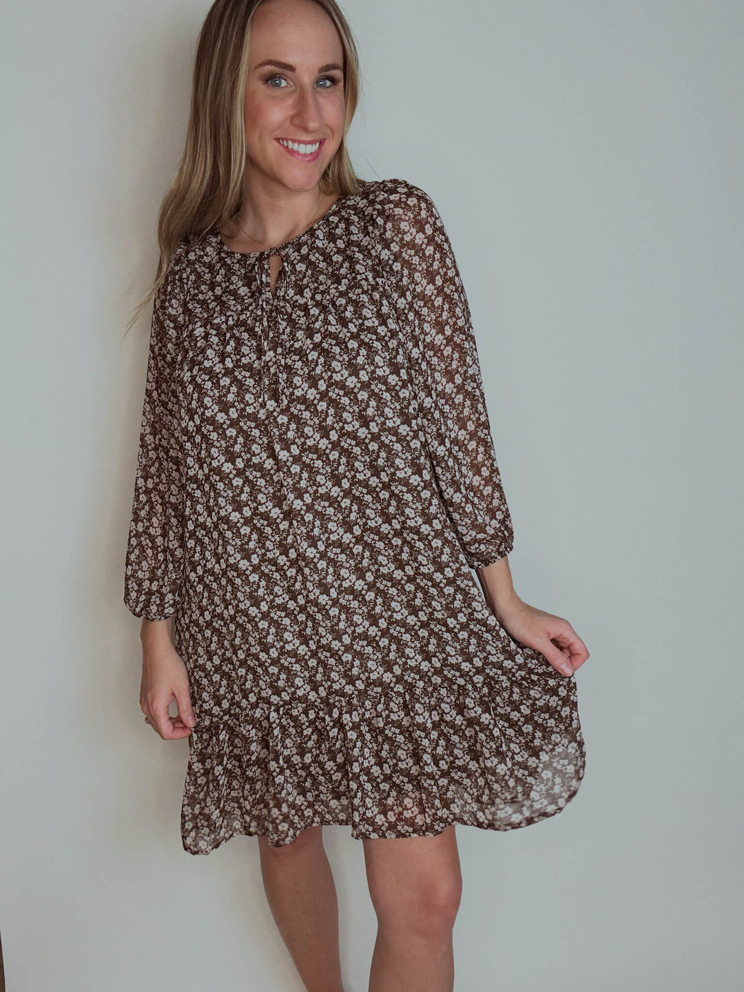 Brown Ditsy Floral Mini Dress S Brown Ditsy Floral Mini Dress S