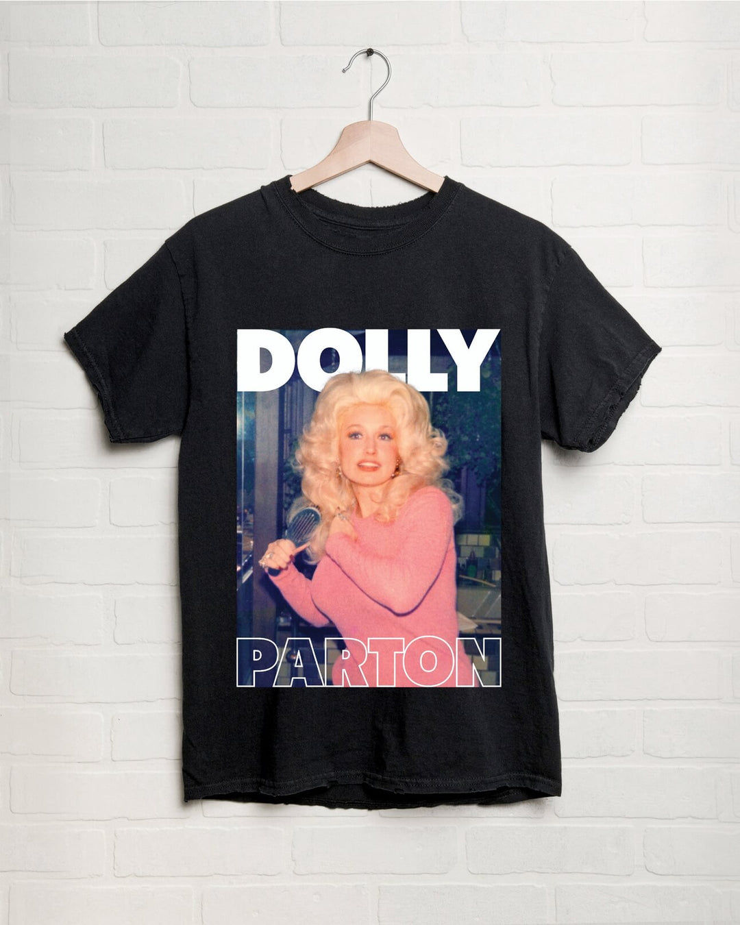 Dolly Parton In Pink Black Thrifted Distressed Graphic Tee